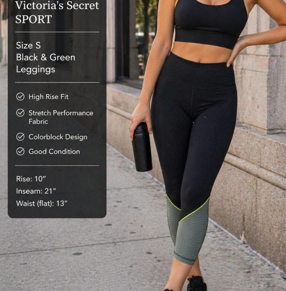 Victoria’s Secret Sport Leggings Size S Black Green Colorblock High Rise Pants